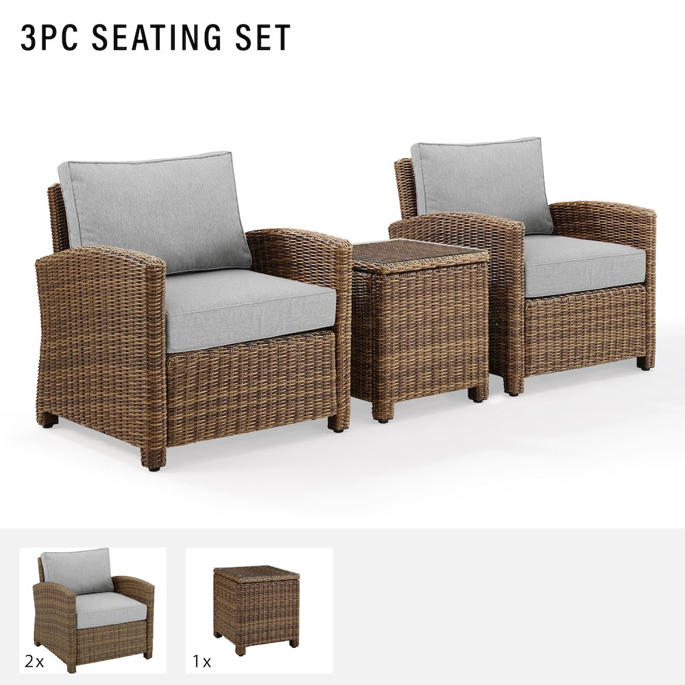 Bradenton 3Pc Wicker Outdoor Chair Set - Side Table & 2 Armchairs. Picture 7