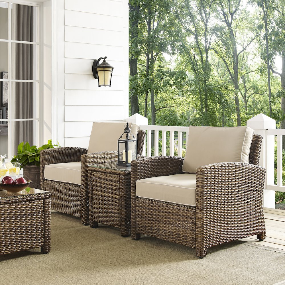 Bradenton 3Pc Wicker Outdoor Chair Set - Side Table & 2 Armchairs. Picture 11