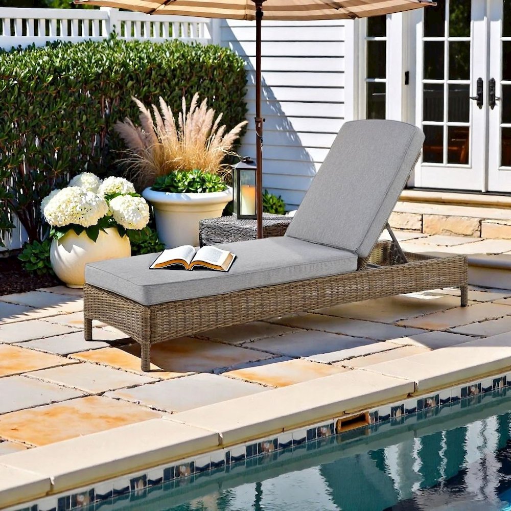 Brown Wicker Outdoor Lounge Chair with Gray Cushion and Adjustable Backrest. Picture 3