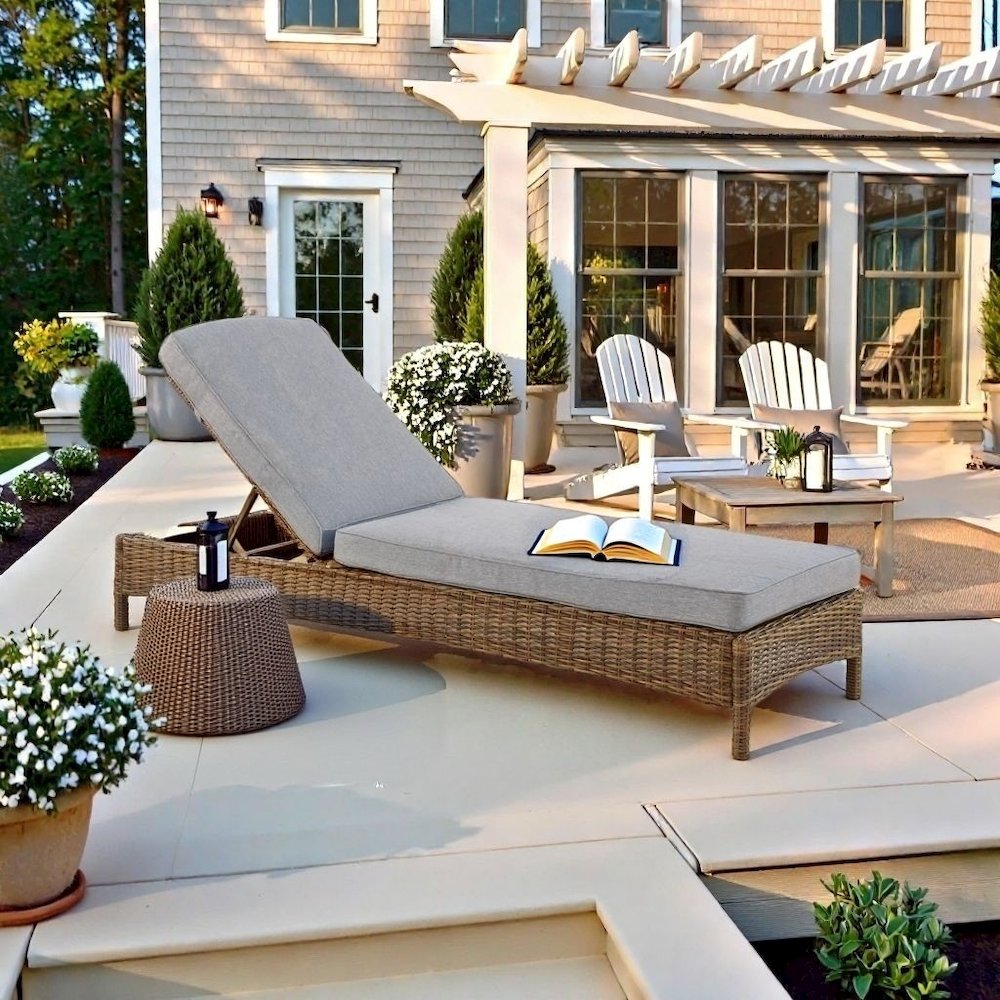 Brown Wicker Outdoor Lounge Chair with Gray Cushion and Adjustable Backrest. Picture 2