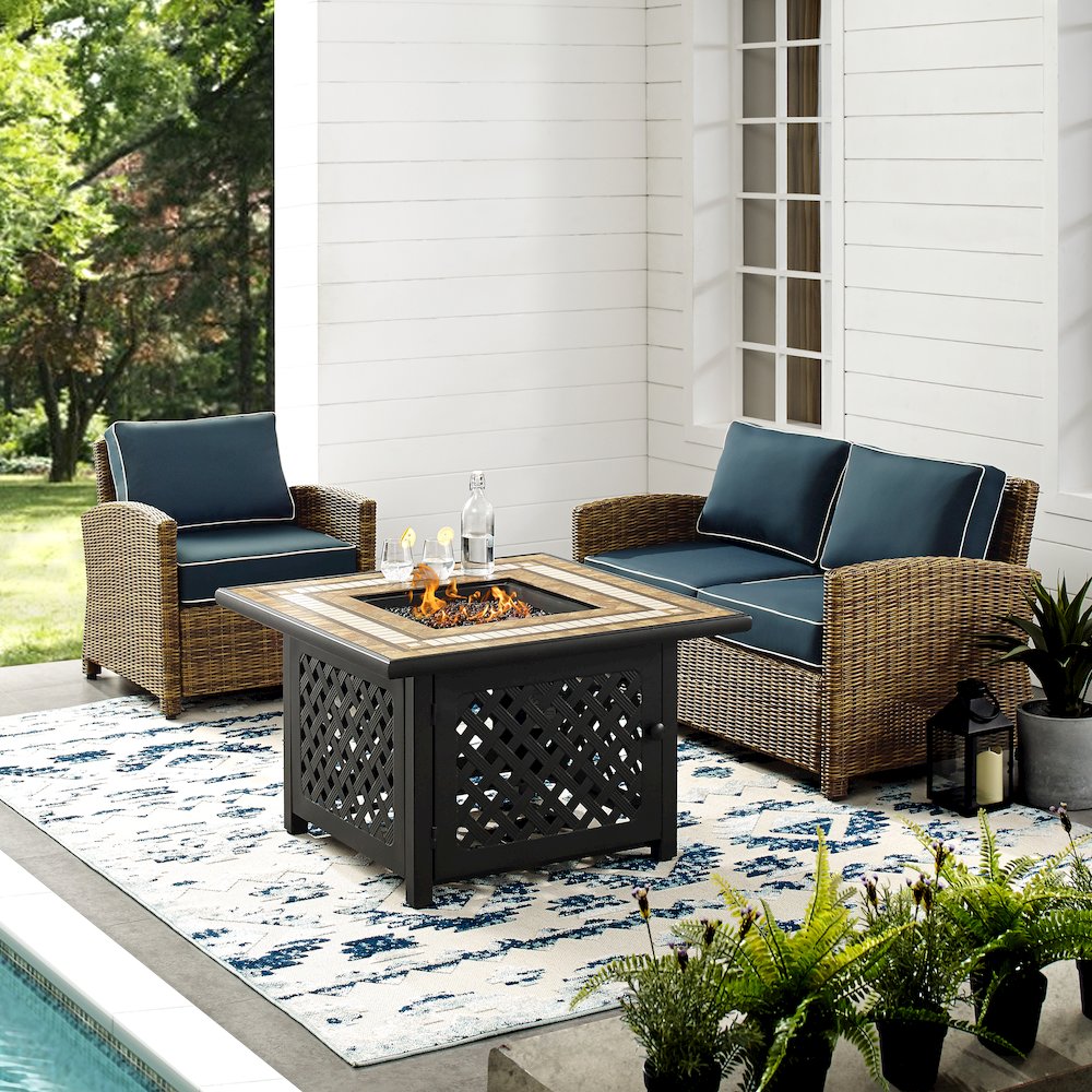 3Pc Outdoor Loveseat Set W/ Fire Table, Loveseat, Armchair, & Tucson Fire Table. Picture 16