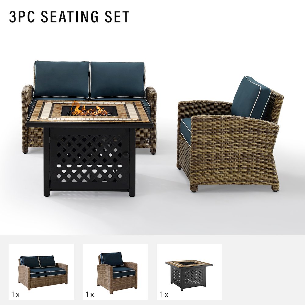 3Pc Outdoor Loveseat Set W/ Fire Table, Loveseat, Armchair, & Tucson Fire Table. Picture 6