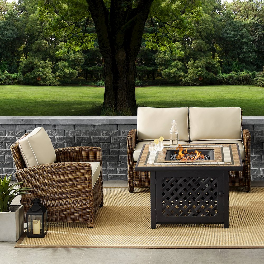 3Pc Outdoor Loveseat Set W/ Fire Table, Loveseat, Armchair, & Tucson Fire Table. Picture 17