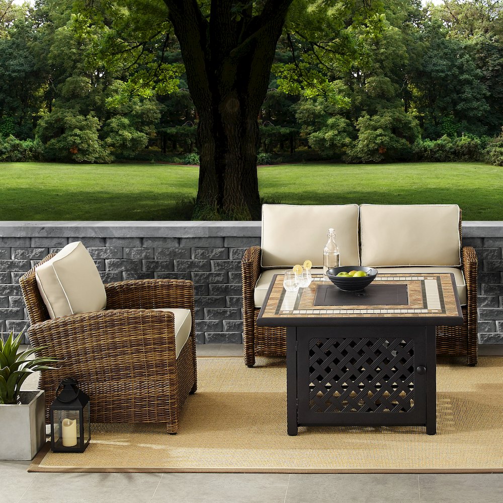3Pc Outdoor Loveseat Set W/ Fire Table, Loveseat, Armchair, & Tucson Fire Table. Picture 18