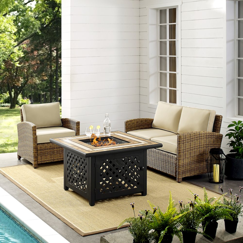 3Pc Outdoor Loveseat Set W/ Fire Table, Loveseat, Armchair, & Tucson Fire Table. Picture 3
