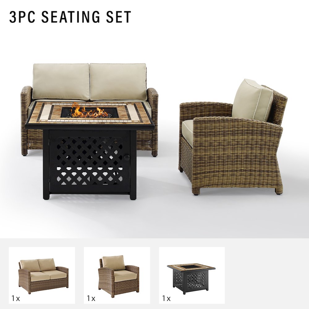 3Pc Outdoor Loveseat Set W/ Fire Table, Loveseat, Armchair, & Tucson Fire Table. Picture 6
