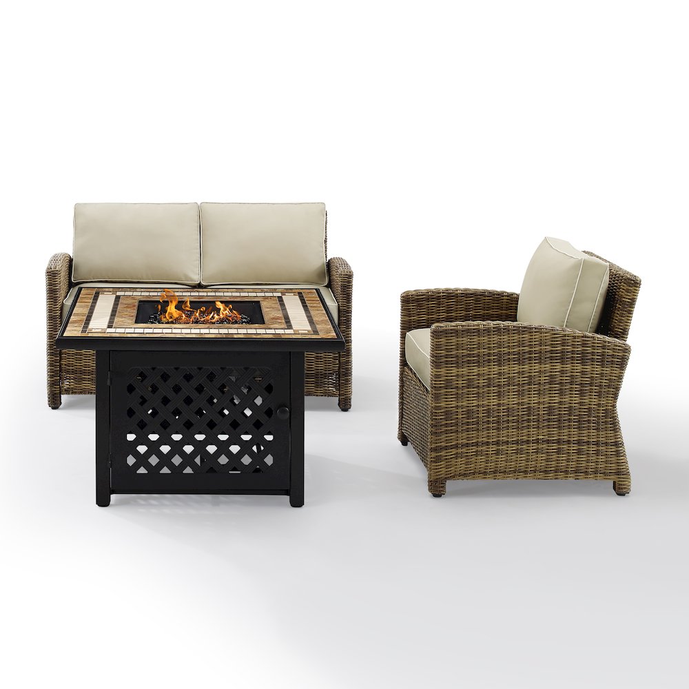 3Pc Outdoor Loveseat Set W/ Fire Table, Loveseat, Armchair, & Tucson Fire Table. Picture 19