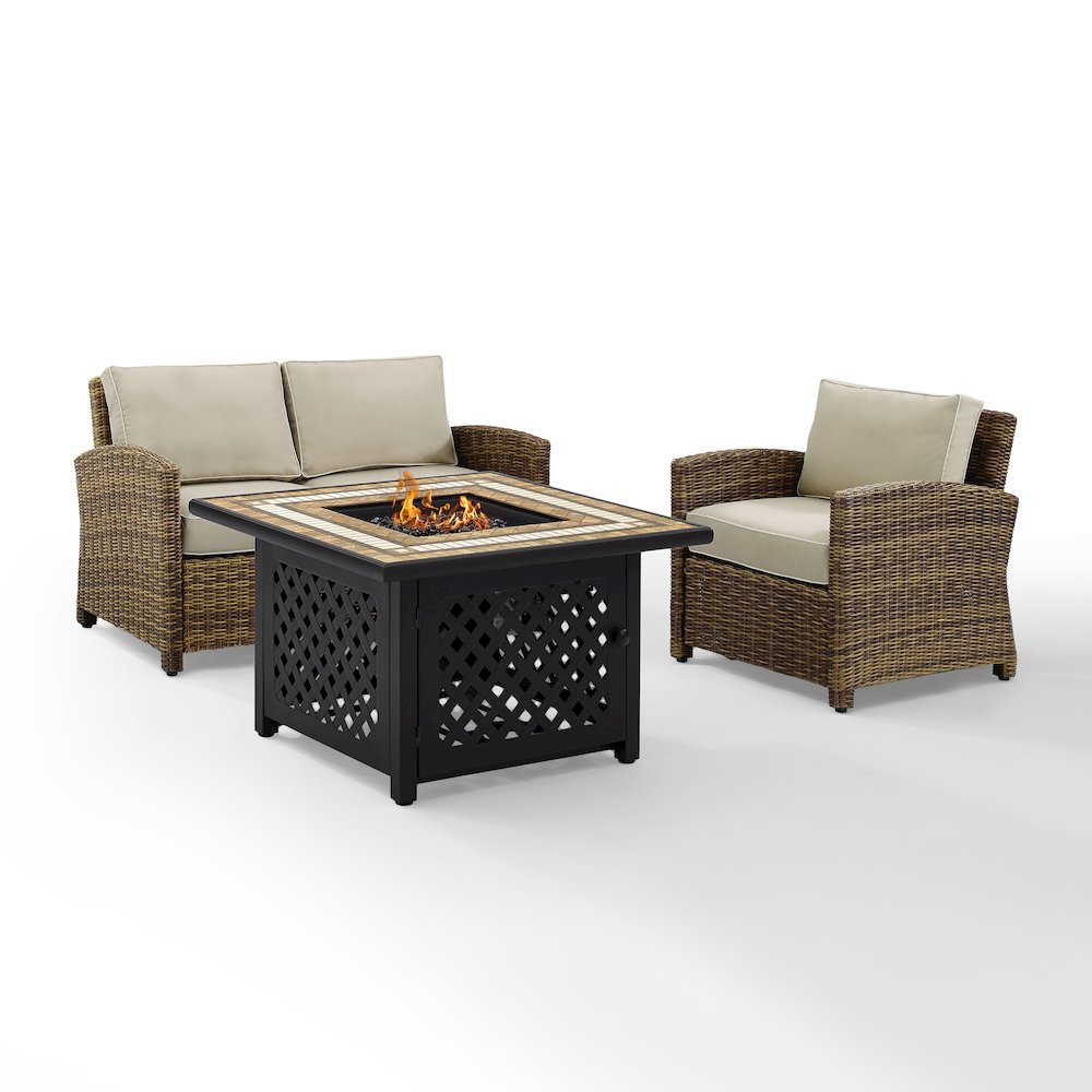 3Pc Outdoor Loveseat Set W/ Fire Table, Loveseat, Armchair, & Tucson Fire Table. Picture 2