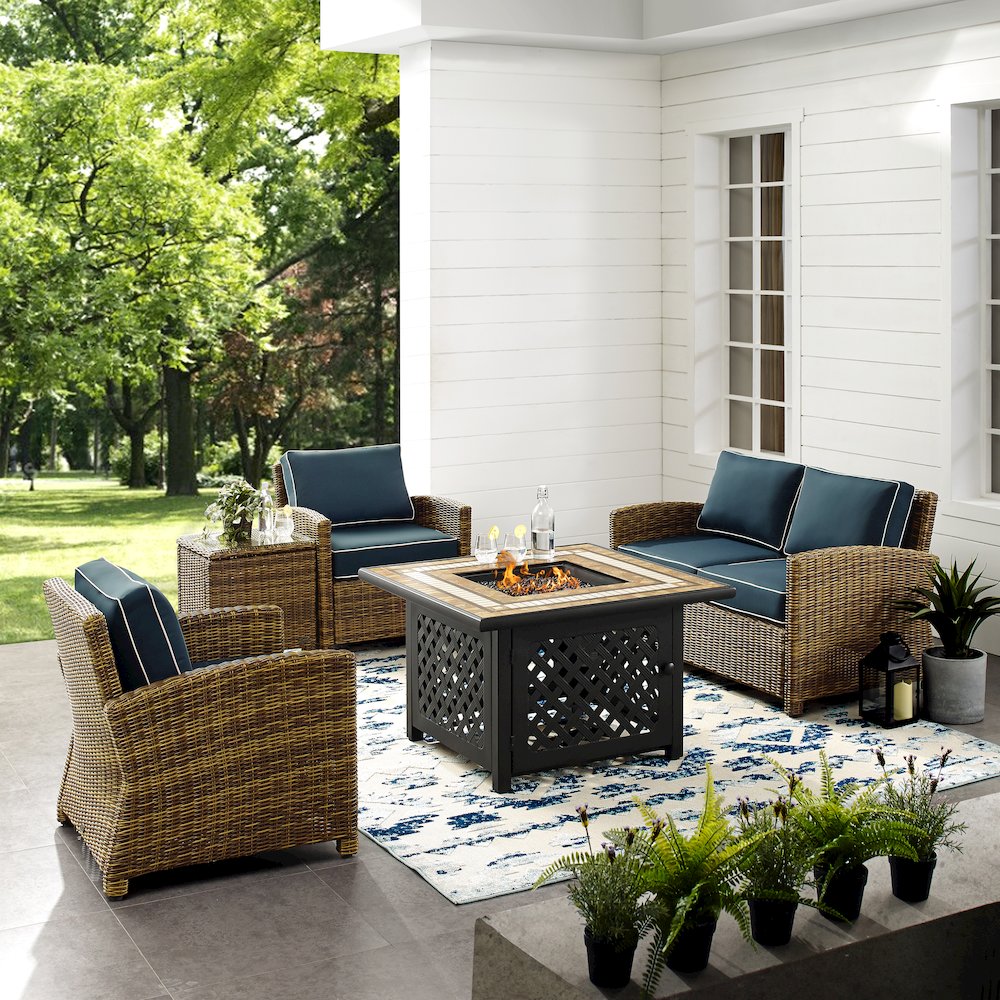 5Pc Outdoor Loveseat Set W/ Fire Table, Loveseat, Side Table, 2 Armchairs. Picture 4