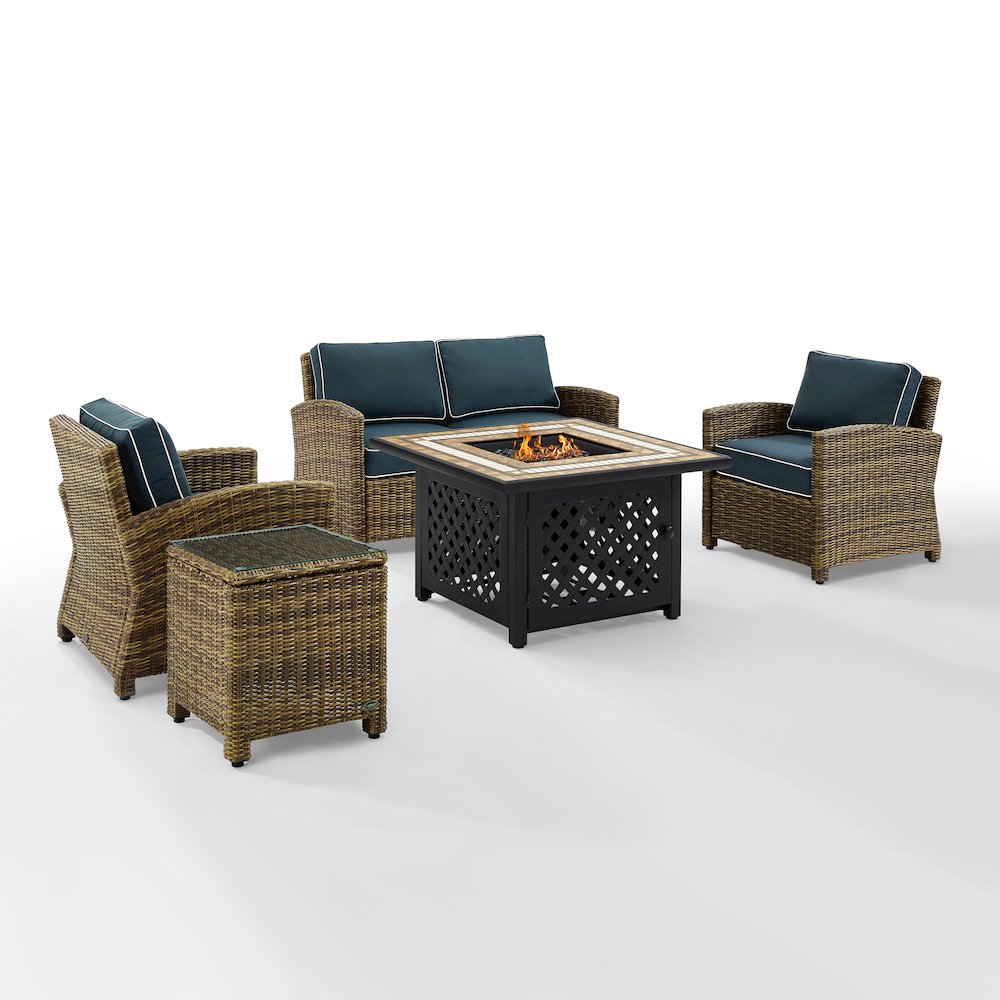 5Pc Outdoor Loveseat Set W/ Fire Table, Loveseat, Side Table, 2 Armchairs. Picture 9