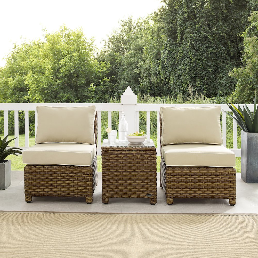 Bradenton 3Pc Armless Wicker Outdoor Chair Set - Side Table & 2 Armless Chairs. Picture 4