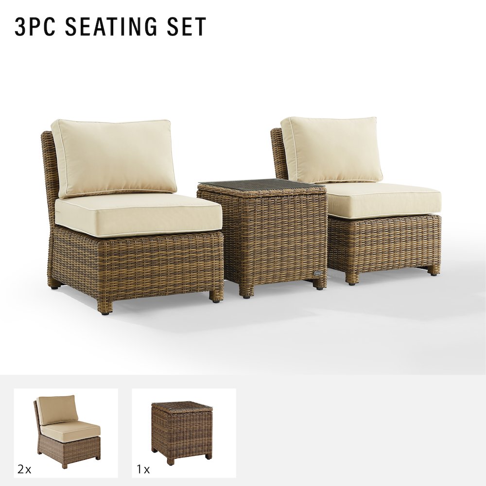 Bradenton 3Pc Armless Wicker Outdoor Chair Set - Side Table & 2 Armless Chairs. Picture 10