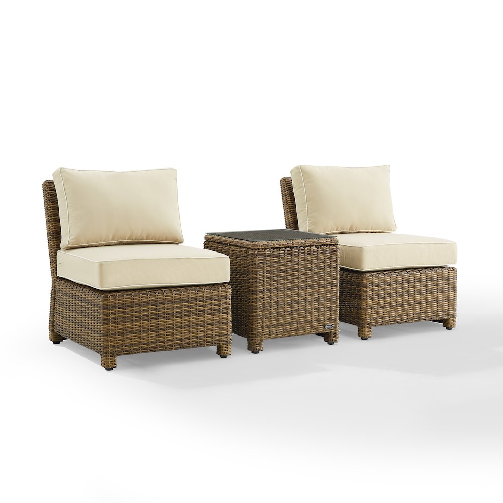 Bradenton 3Pc Armless Wicker Outdoor Chair Set - Side Table & 2 Armless Chairs. Picture 1