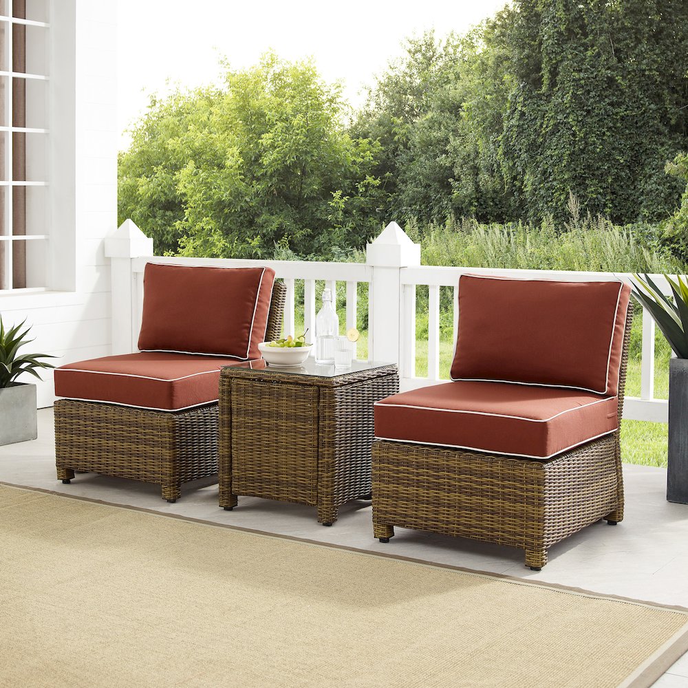 Bradenton 3Pc Armless Wicker Outdoor Chair Set - Side Table & 2 Armless Chairs. Picture 14