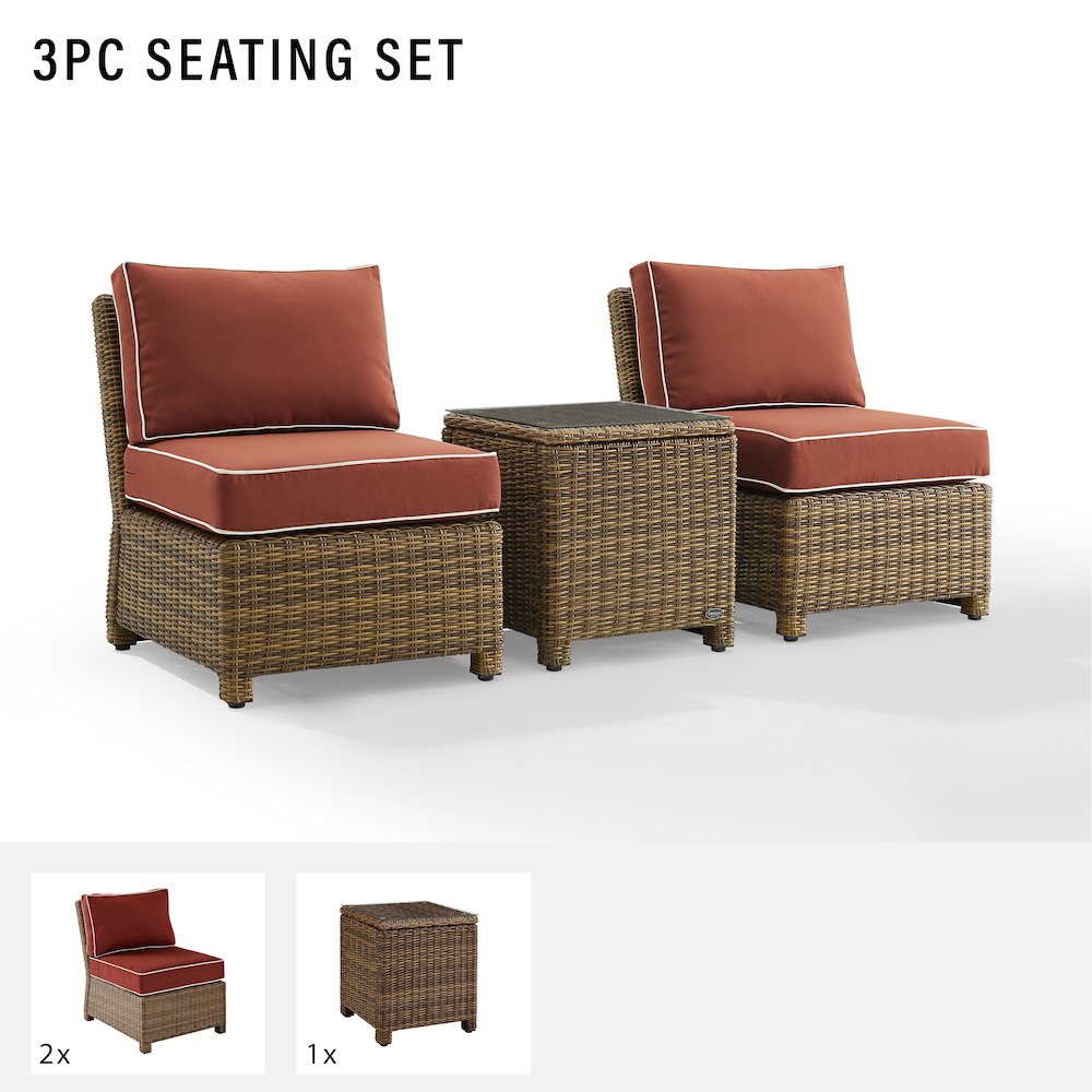 Bradenton 3Pc Armless Wicker Outdoor Chair Set - Side Table & 2 Armless Chairs. Picture 6