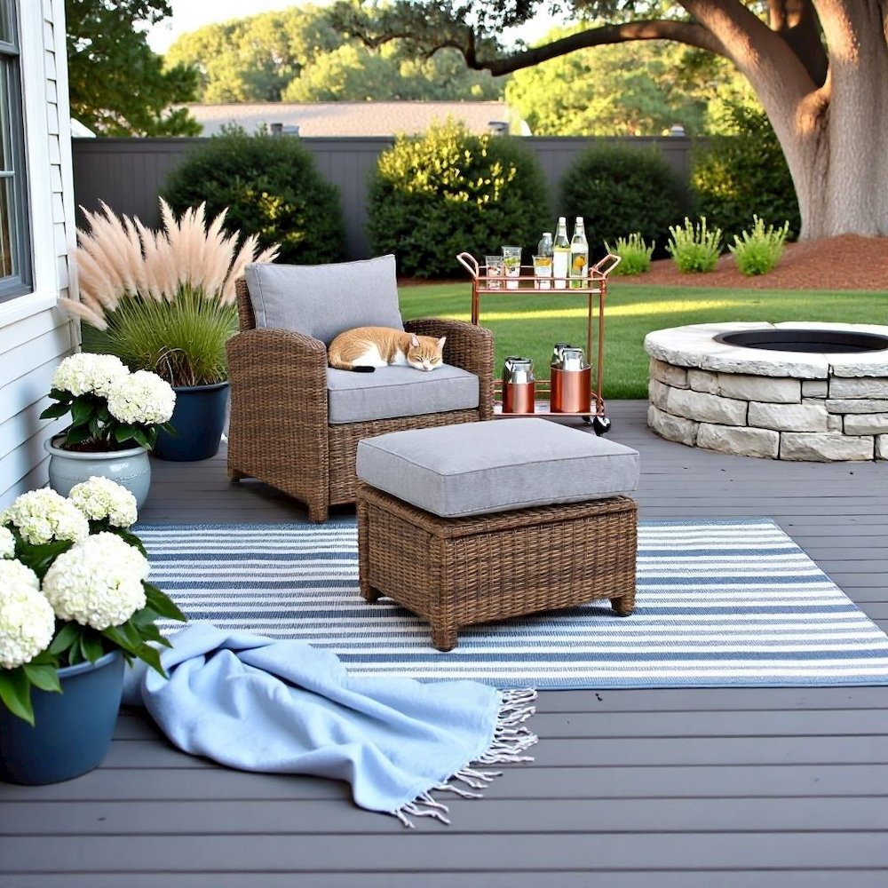 Wicker Outdoor Chair and Ottoman Set with Gray Cushions for Patio Relaxation. Picture 3