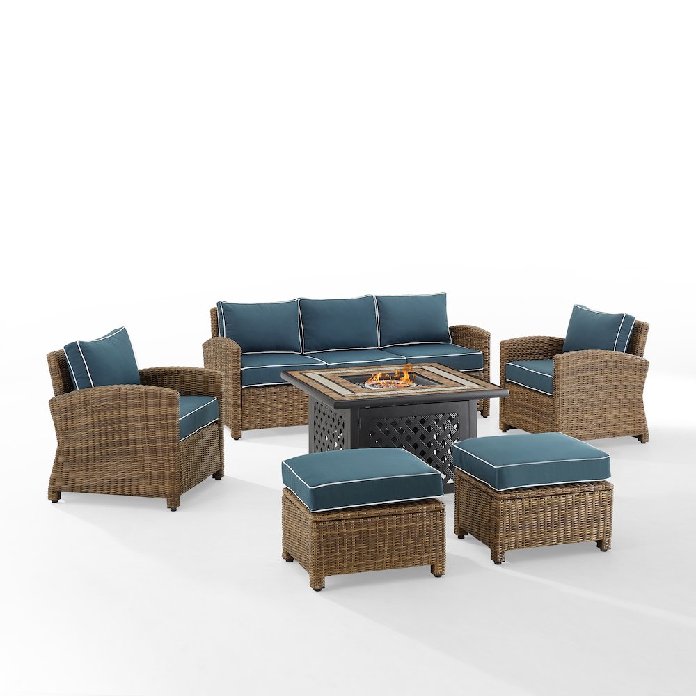 6Pc Outdoor Sofa Set W/ Fire Table, Sofa, 2 Armchairs & 2 Ottomans. Picture 2
