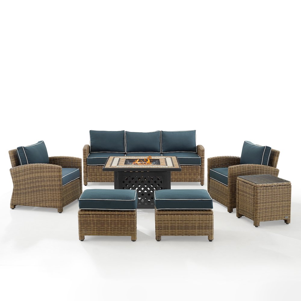 6Pc Outdoor Sofa Set W/ Fire Table, Sofa, 2 Armchairs & 2 Ottomans. Picture 1