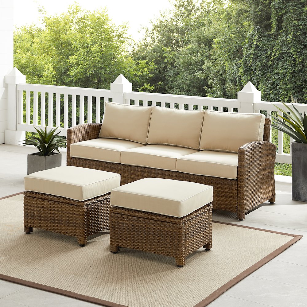 Bradenton 3Pc Wicker Outdoor Sofa Patio Furniture Set - Sofa & 2 Ottomans. Picture 3