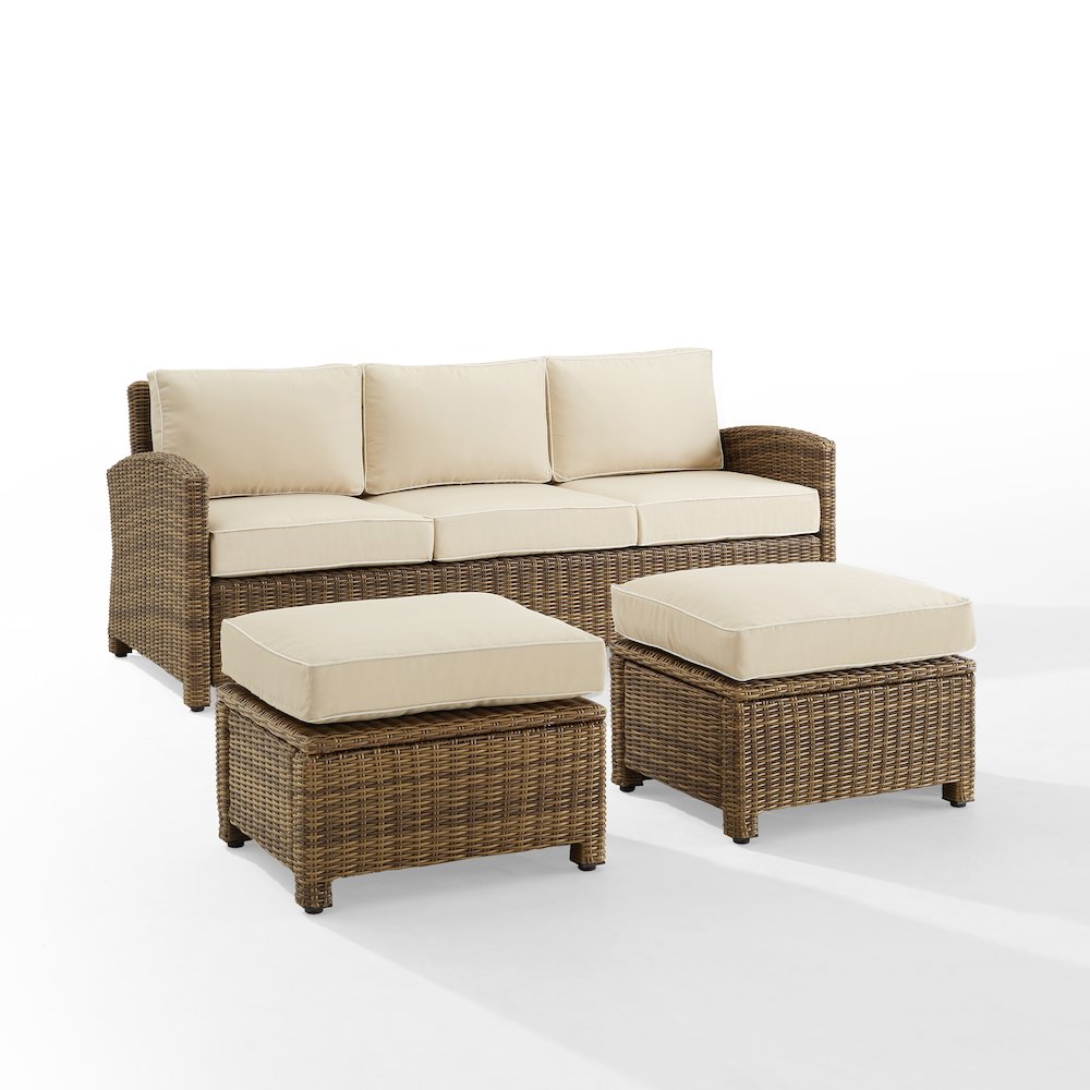 Bradenton 3Pc Wicker Outdoor Sofa Patio Furniture Set - Sofa & 2 Ottomans. Picture 1