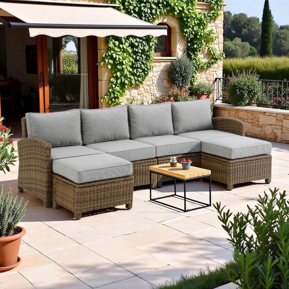 Brown Wicker Patio Sectional Outdoor Furniture 4 Piece Set with Sofa Ottomans. Picture 2