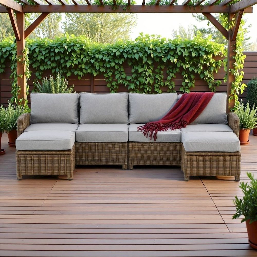 Brown Wicker Patio Sectional Outdoor Furniture 4 Piece Set with Sofa Ottomans. Picture 3