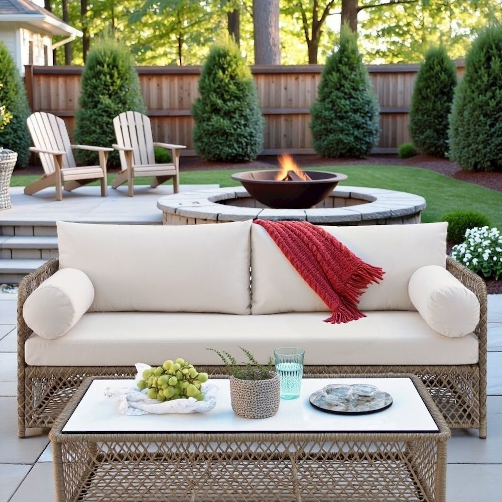 Wicker Outdoor Sofa with Creme Cushions for Patio Relaxation and Garden Seating. Picture 3