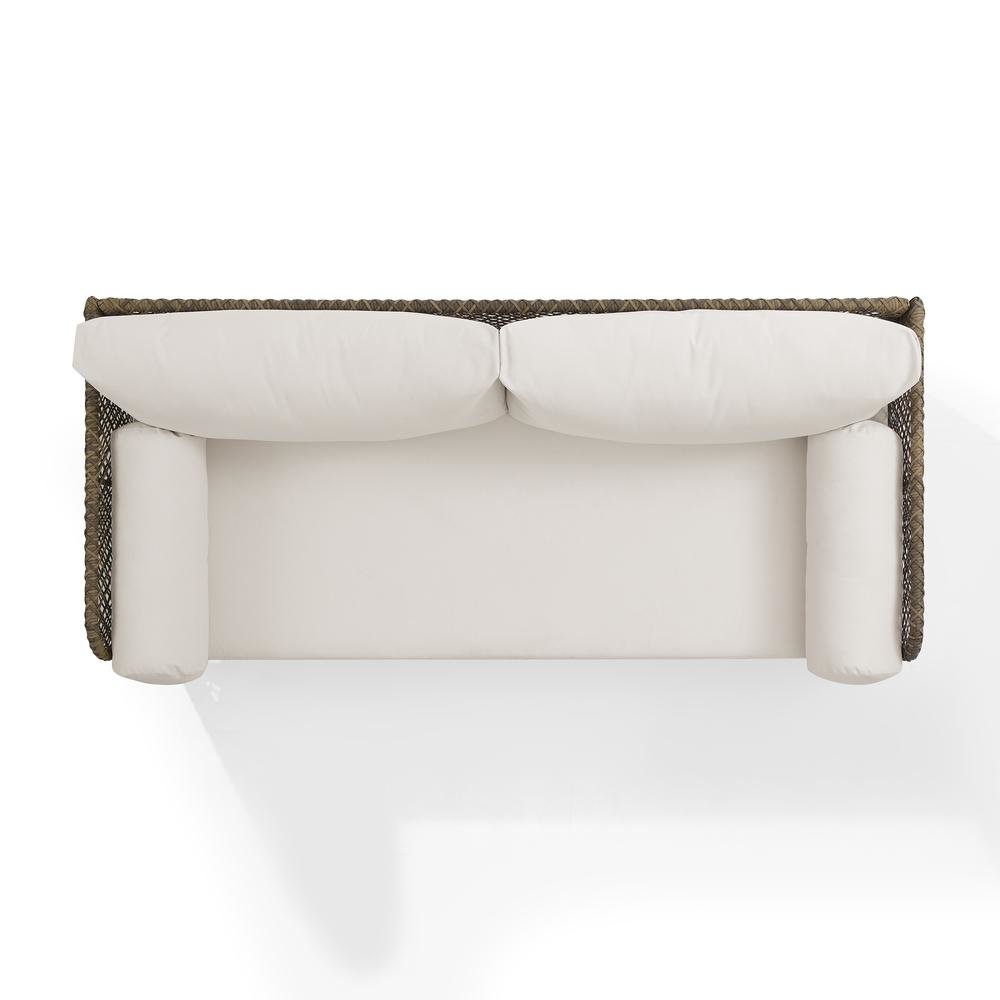 Wicker Outdoor Sofa with Creme Cushions for Patio Relaxation and Garden Seating. Picture 8