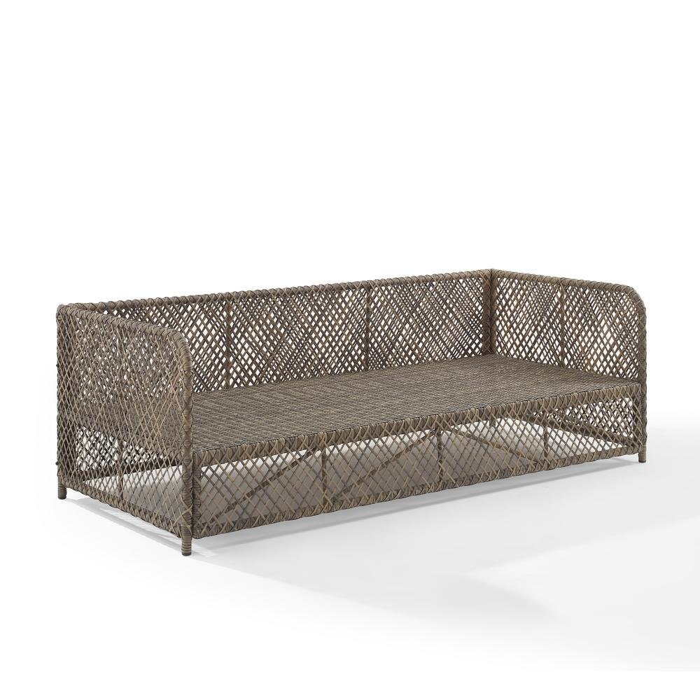 Wicker Outdoor Sofa with Creme Cushions for Patio Relaxation and Garden Seating. Picture 9