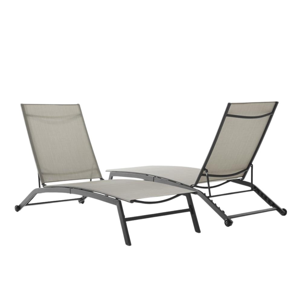 Black Steel Outdoor Lounge Chairs Set of 2 with Reclining Mesh and Wheels. Picture 1