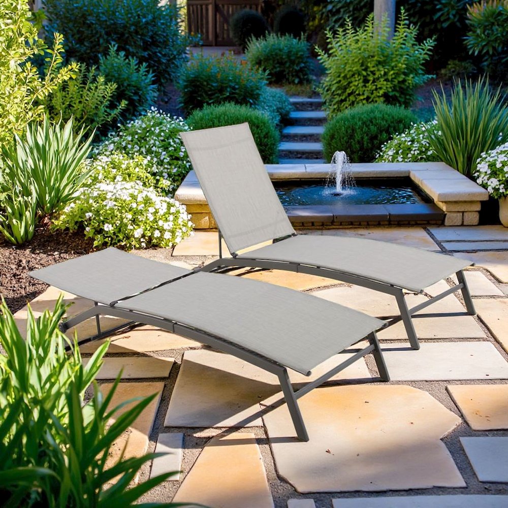 Black Steel Outdoor Lounge Chairs Set of 2 with Reclining Mesh and Wheels. Picture 3