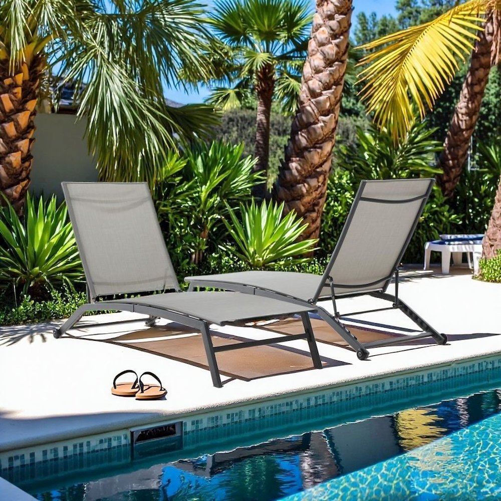 Black Steel Outdoor Lounge Chairs Set of 2 with Reclining Mesh and Wheels. Picture 2