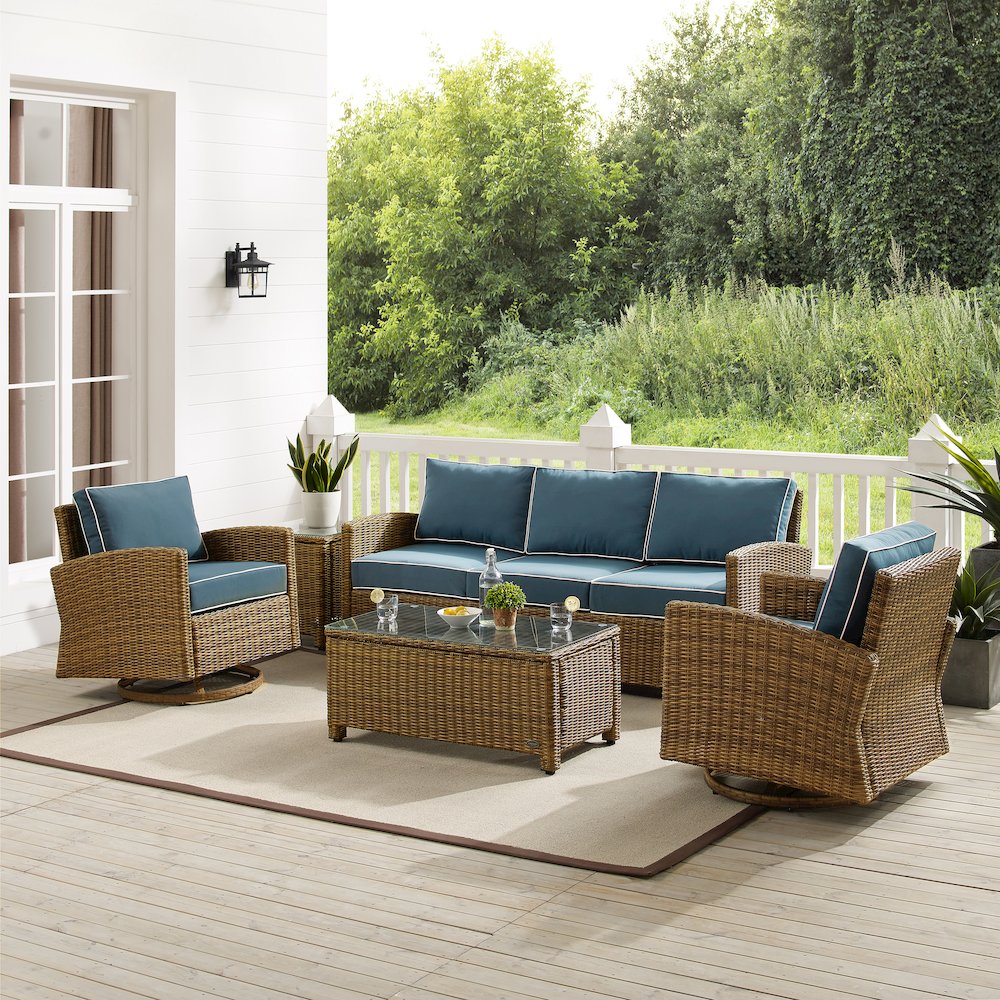 5Pc Outdoor Sofa & Swivel Rocker Set, Sofa, Coffee&Side Tables, 2 Swivel Rockers. Picture 4