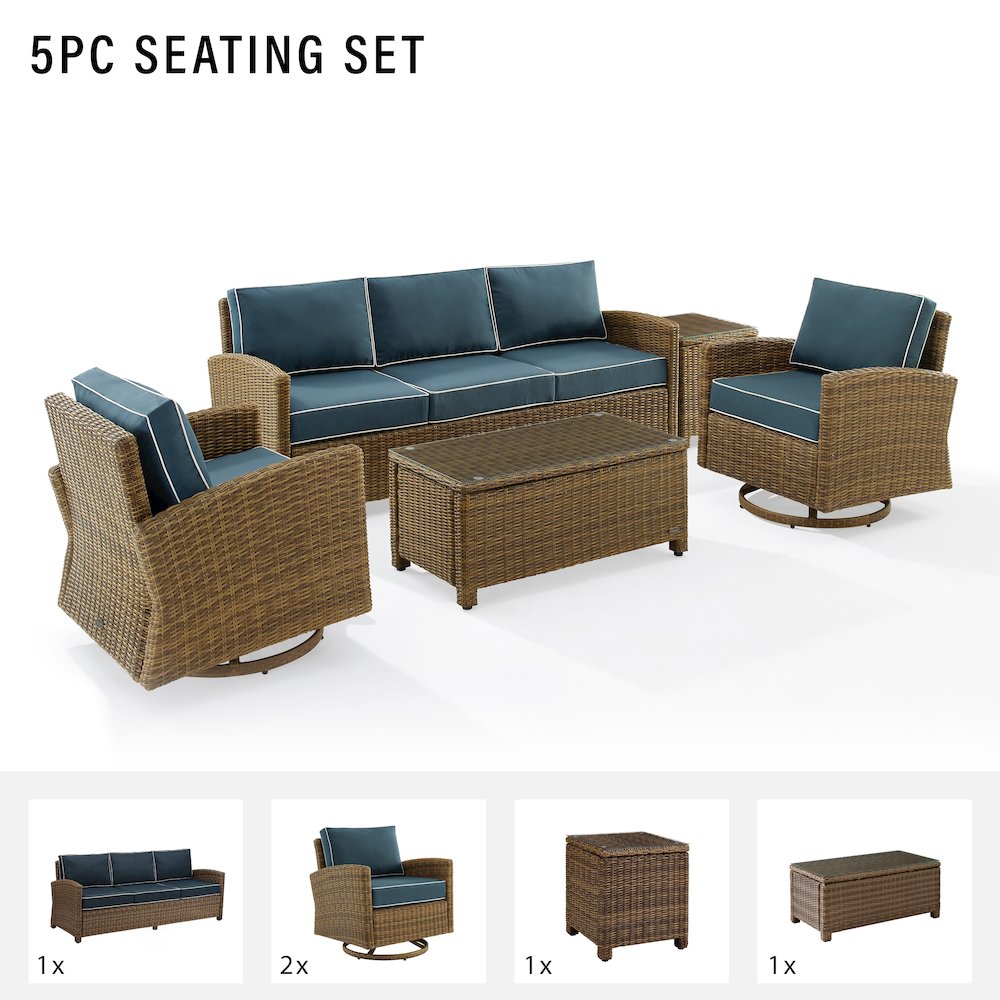 5Pc Outdoor Sofa & Swivel Rocker Set, Sofa, Coffee&Side Tables, 2 Swivel Rockers. Picture 9