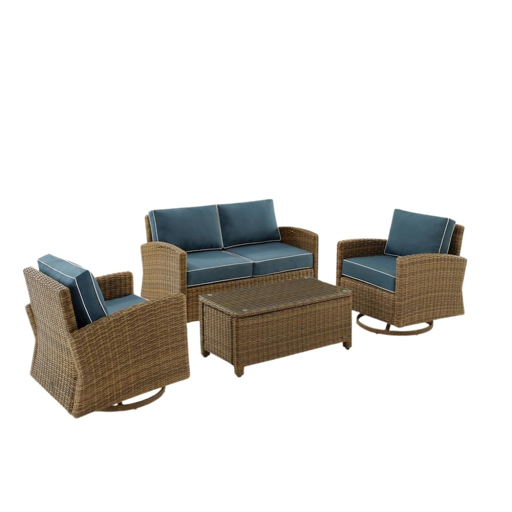 Brown 4 Piece Patio Furniture Set with 2 Chairs, Loveseat, Table, Navy Cushions. Picture 1