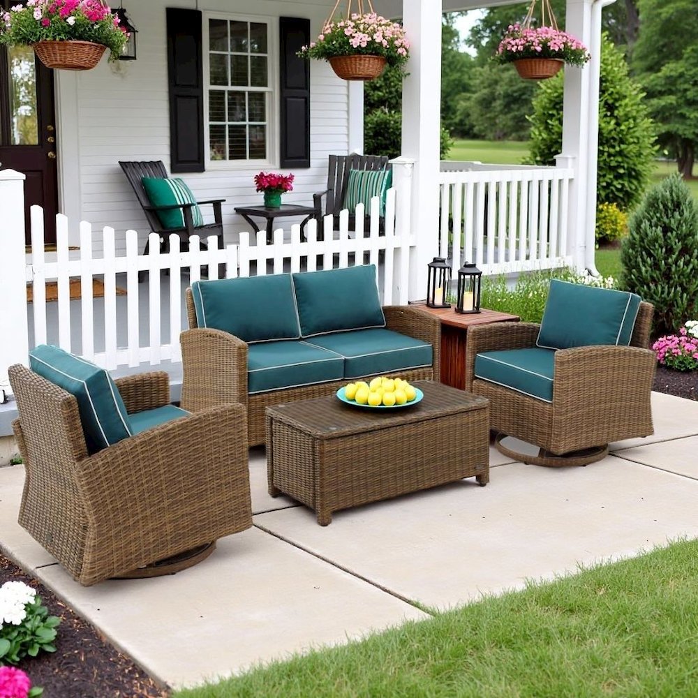 Brown 4 Piece Patio Furniture Set with 2 Chairs, Loveseat, Table, Navy Cushions. Picture 2