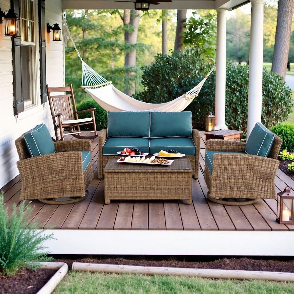 Brown 4 Piece Patio Furniture Set with 2 Chairs, Loveseat, Table, Navy Cushions. Picture 3