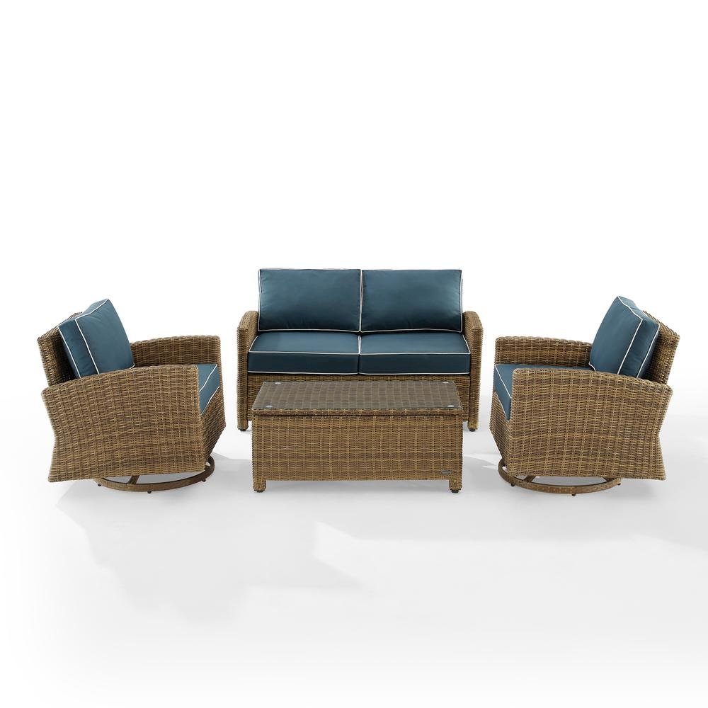 Brown 4 Piece Patio Furniture Set with 2 Chairs, Loveseat, Table, Navy Cushions. Picture 4