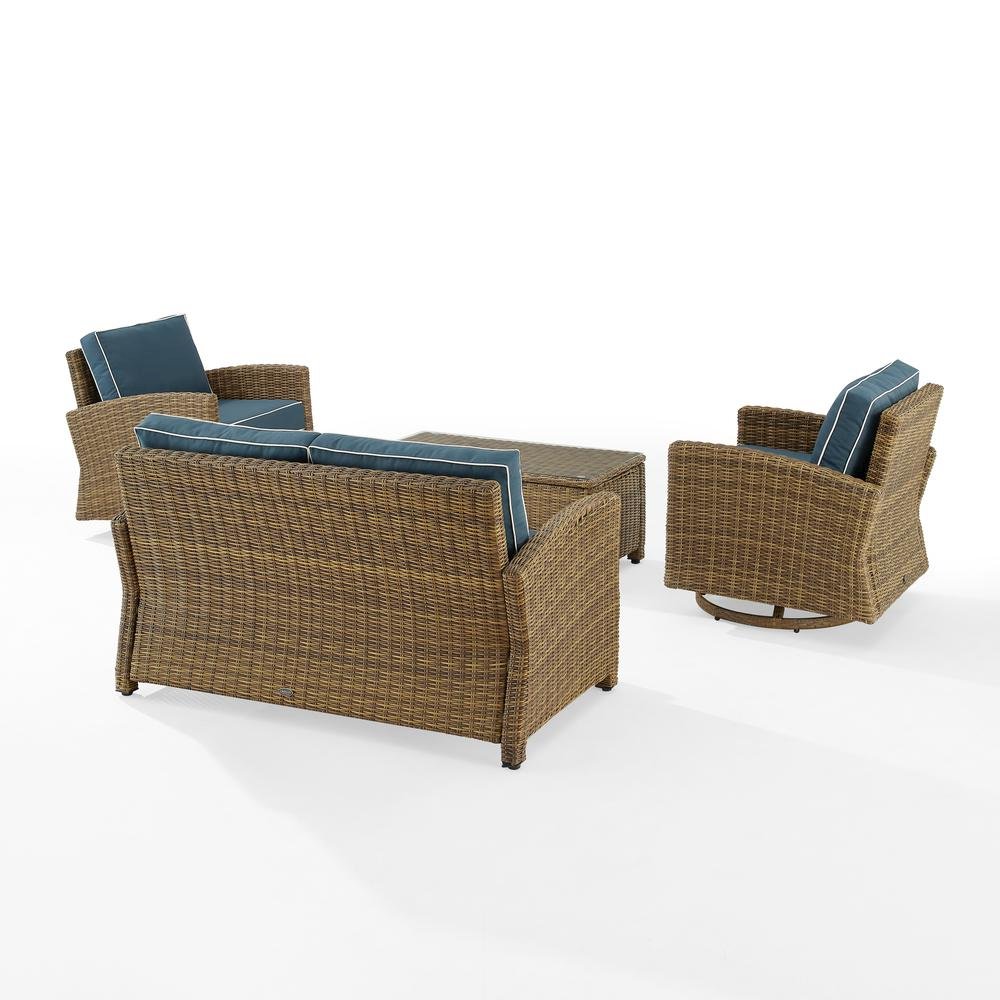 Brown 4 Piece Patio Furniture Set with 2 Chairs, Loveseat, Table, Navy Cushions. Picture 6