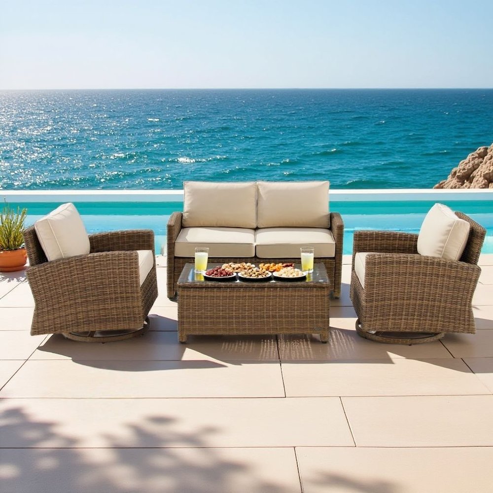 Brown 4 Piece Patio Furniture Set with 2 Chairs, Loveseat, Table, Sand Cushions. Picture 2