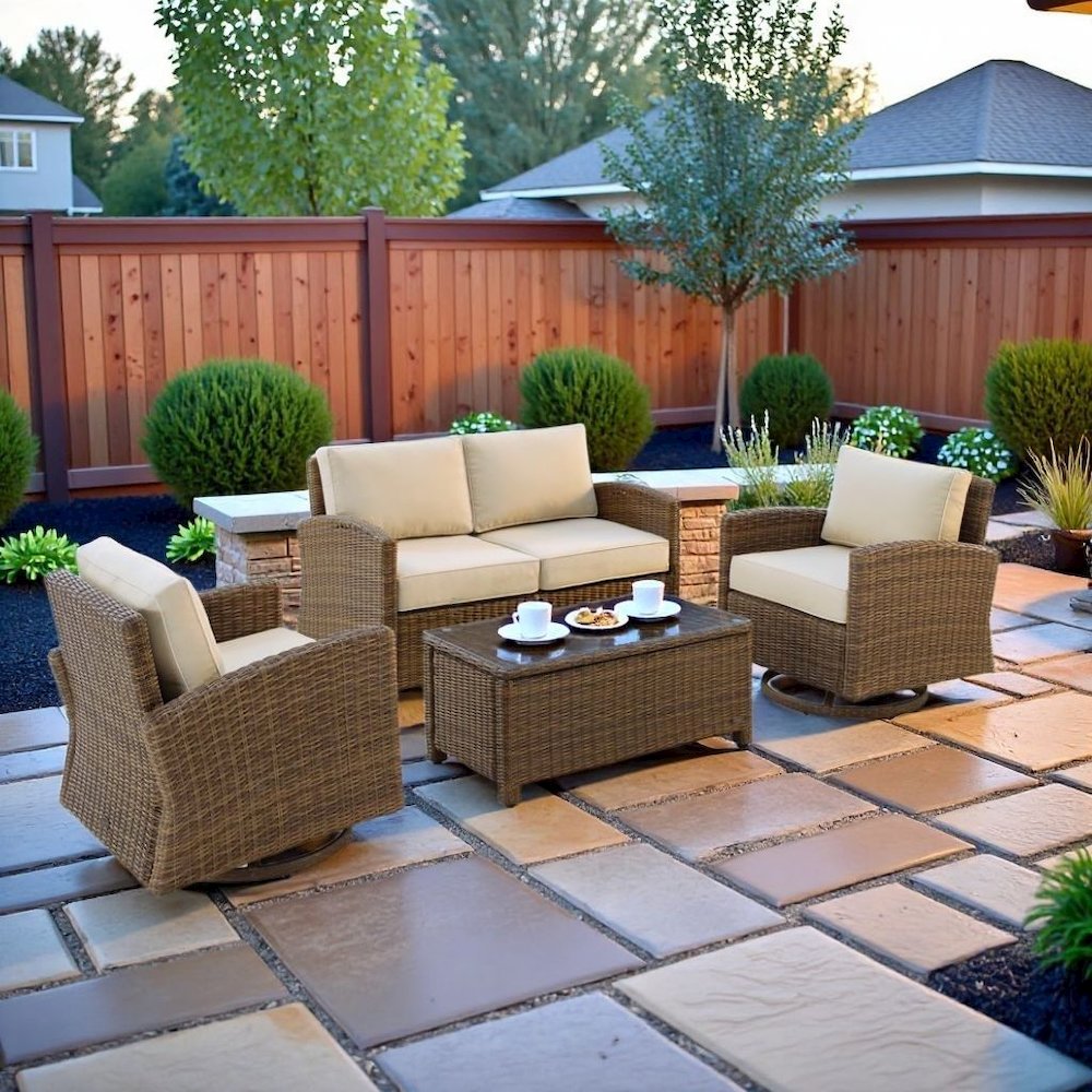 Brown 4 Piece Patio Furniture Set with 2 Chairs, Loveseat, Table, Sand Cushions. Picture 3
