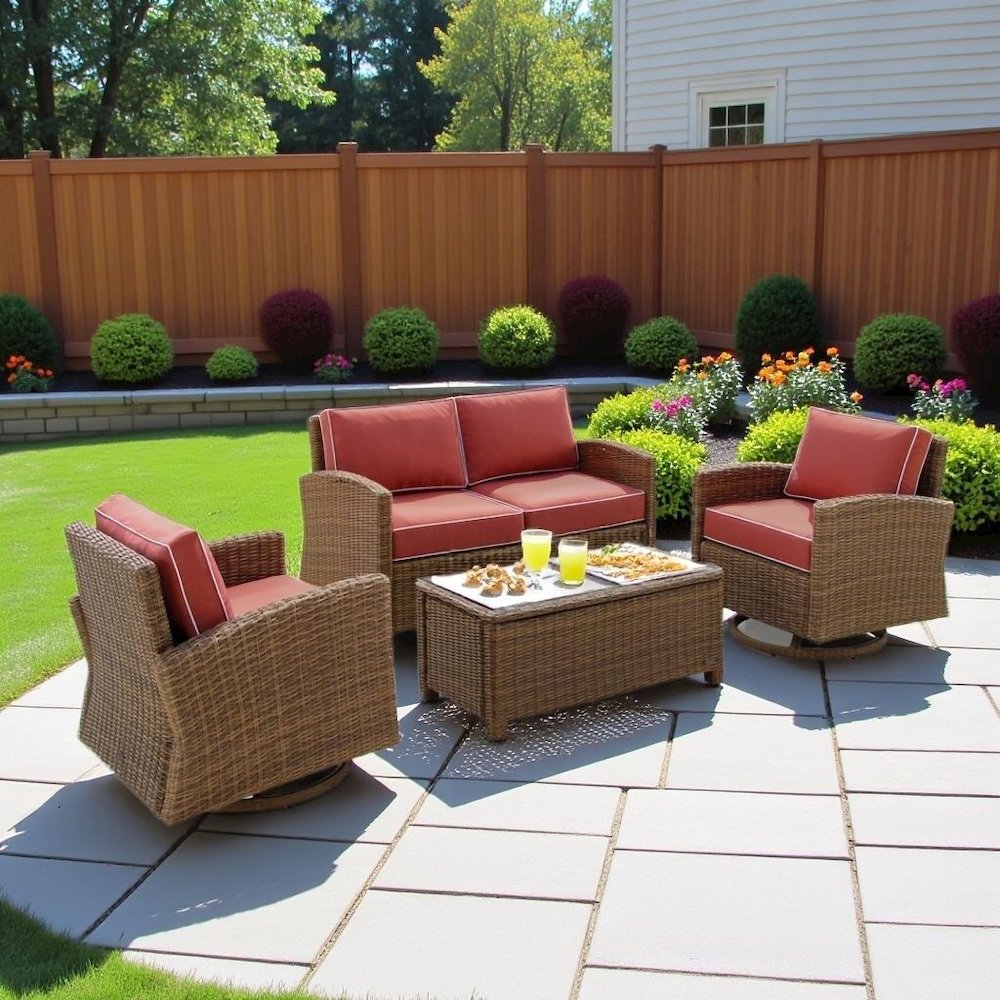 Brown 4 Piece Patio Furniture Set with 2 Chairs, Sangria Cushions. Picture 4