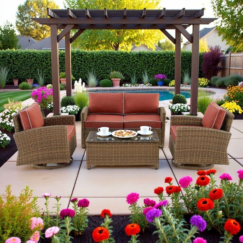 Brown 4 Piece Patio Furniture Set with 2 Chairs, Sangria Cushions. Picture 3