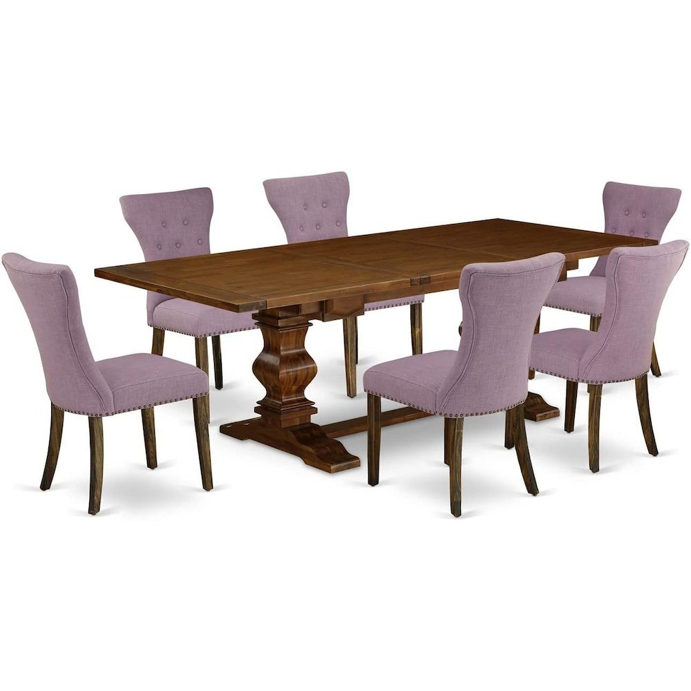 7 Piece Dining Table Set Consist of a Rectangle Wooden Table with Removable Leaf and 6 Dahlia Linen Fabric Parson Dining Chairs, 42x92 Inch, Walnut. Picture 1