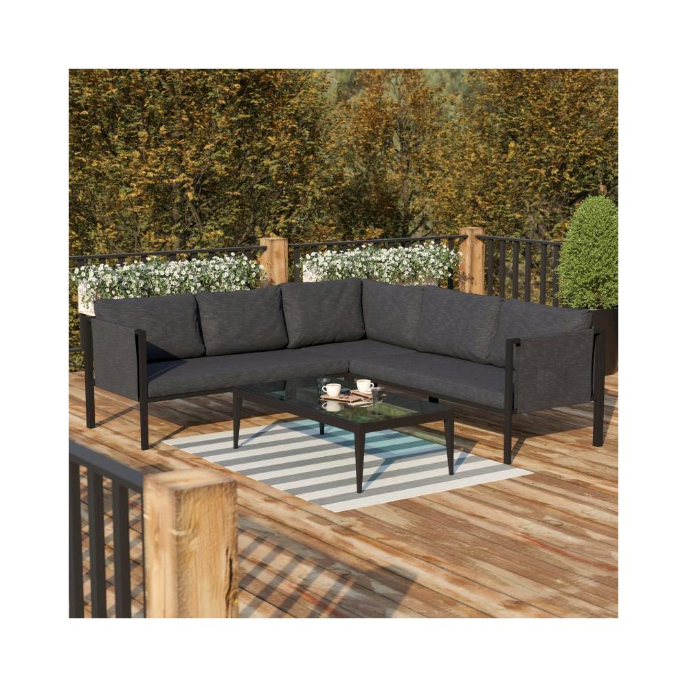 Indoor/Outdoor Sectional with Cushions - Modern Steel Framed Chair with Dual Storage Pockets, Black with Charcoal Cushions. Picture 2