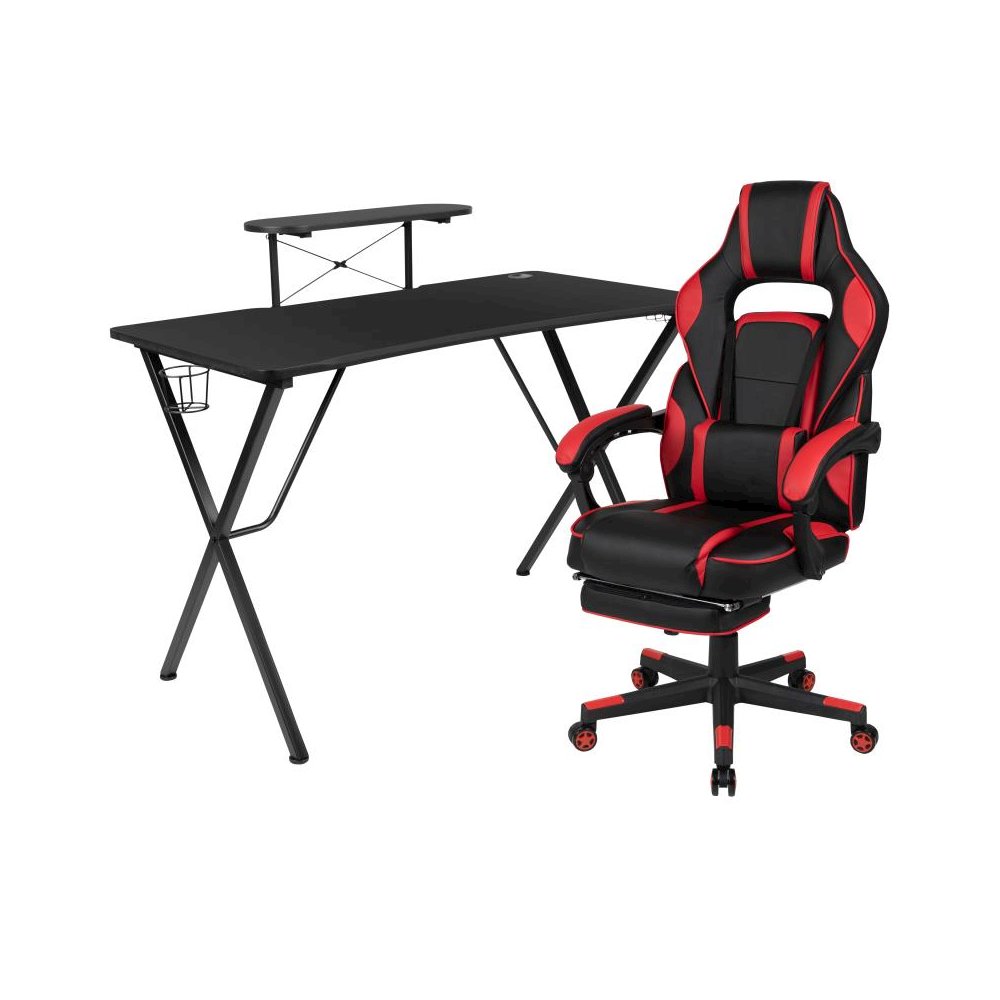 Black Gaming Desk with Cup Holder/Headphone Hook/Monitor Stand & Red Reclining Back/Arms Gaming Chair with Footrest. Picture 1