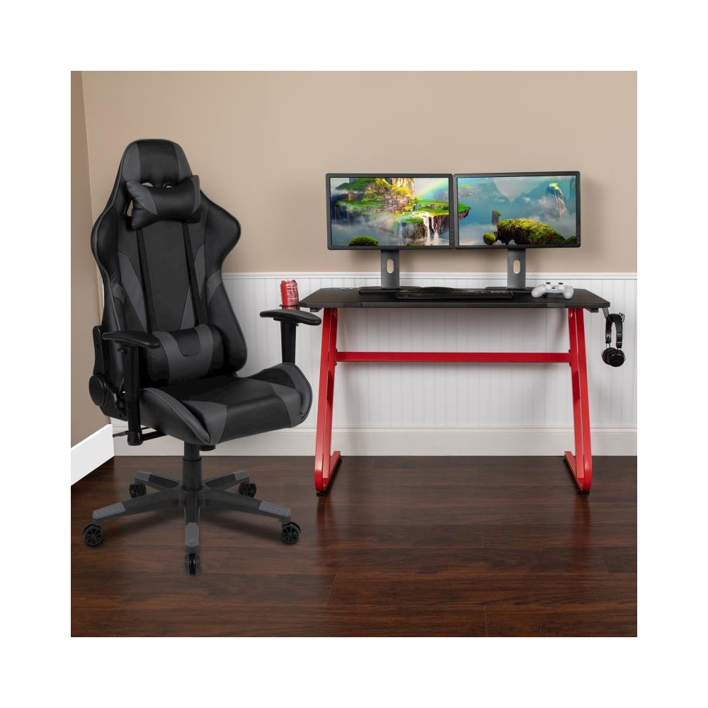 Red Gaming Desk and Gray Reclining Gaming Chair Set with Cup Holder and Headphone Hook. Picture 2