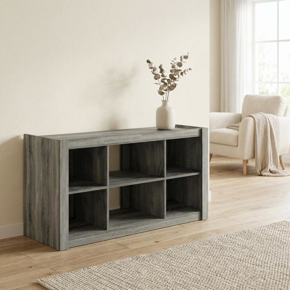 Wooden TV stand, open shelves, storage compartments, French Oak Grey finish. Picture 3