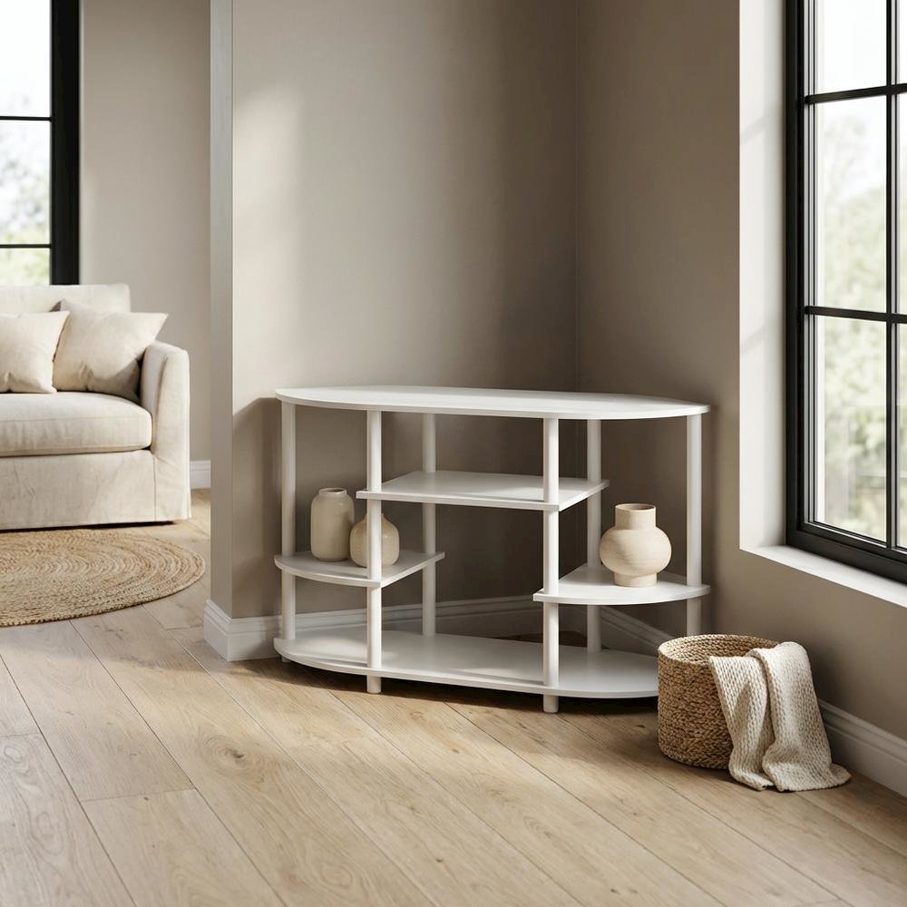 White Corner TV Stand with Solid Rubberwood and Walnut Veneers, Modern Design. Picture 3