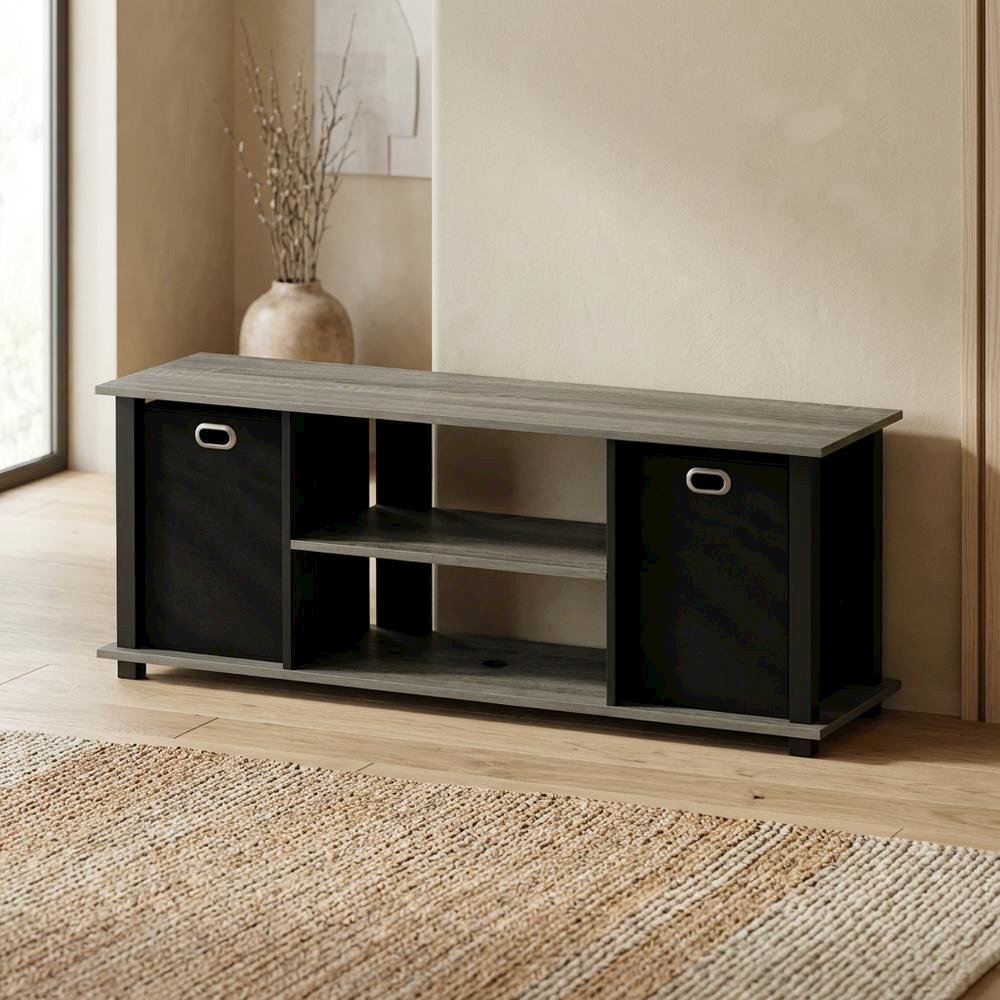 Wood Entertainment Center with Storage Bins in French Oak and Black Finish. Picture 3